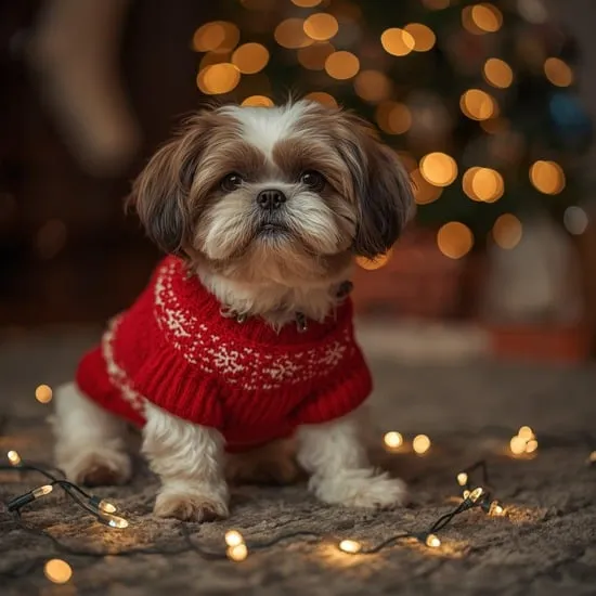 A beautiful shih tzu dog wearing a red christmas sweater IMG01