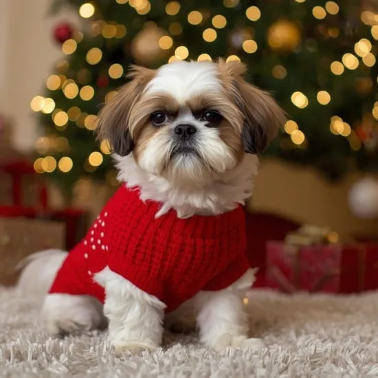 A beautiful shih tzu dog wearing a red christmas sweater IMG02