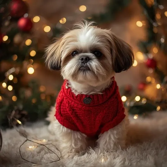 A beautiful shih tzu dog wearing a red christmas sweater IMG07